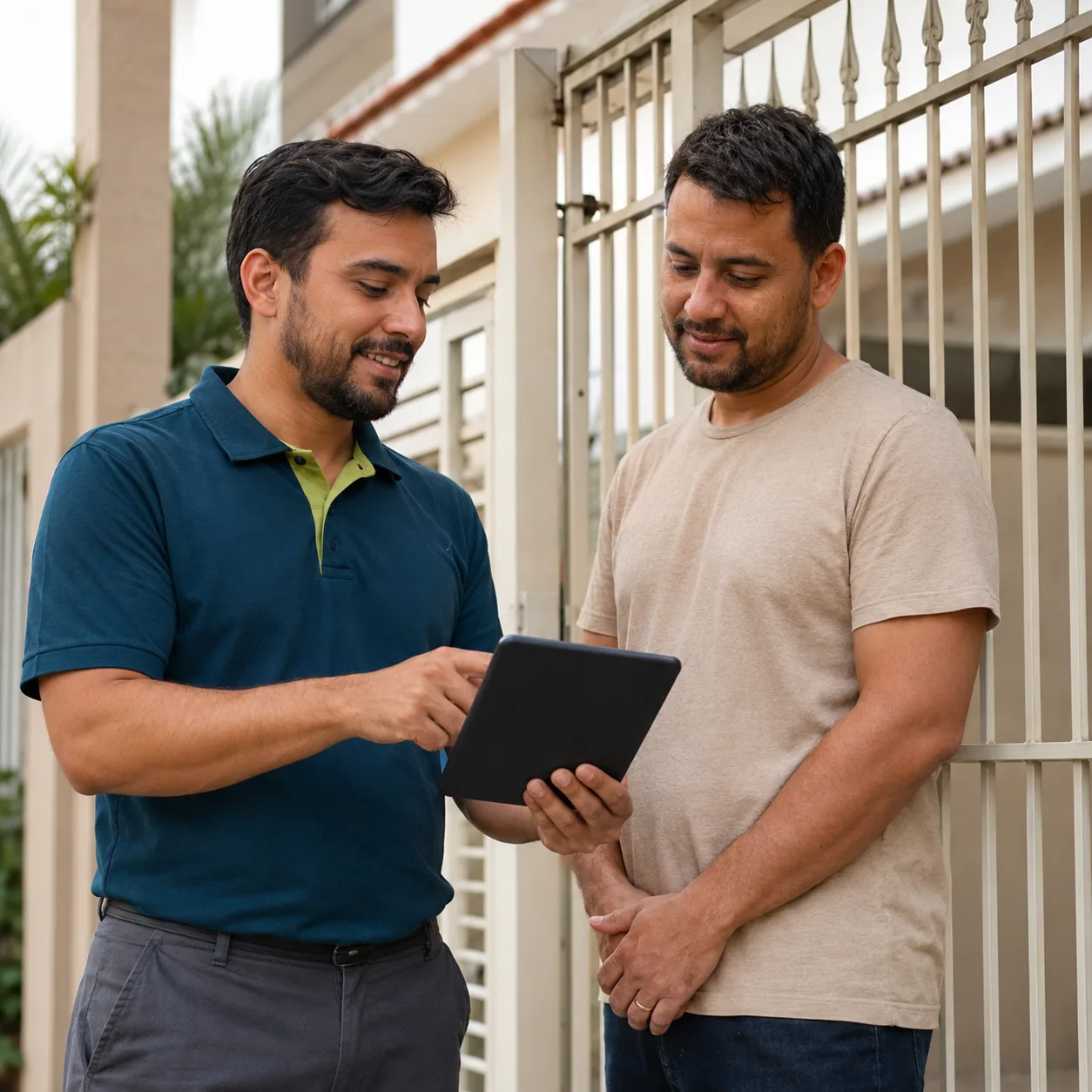 Técnico da ClimaSul mostrando o orçamento em um tablet para um cliente no portão de casa