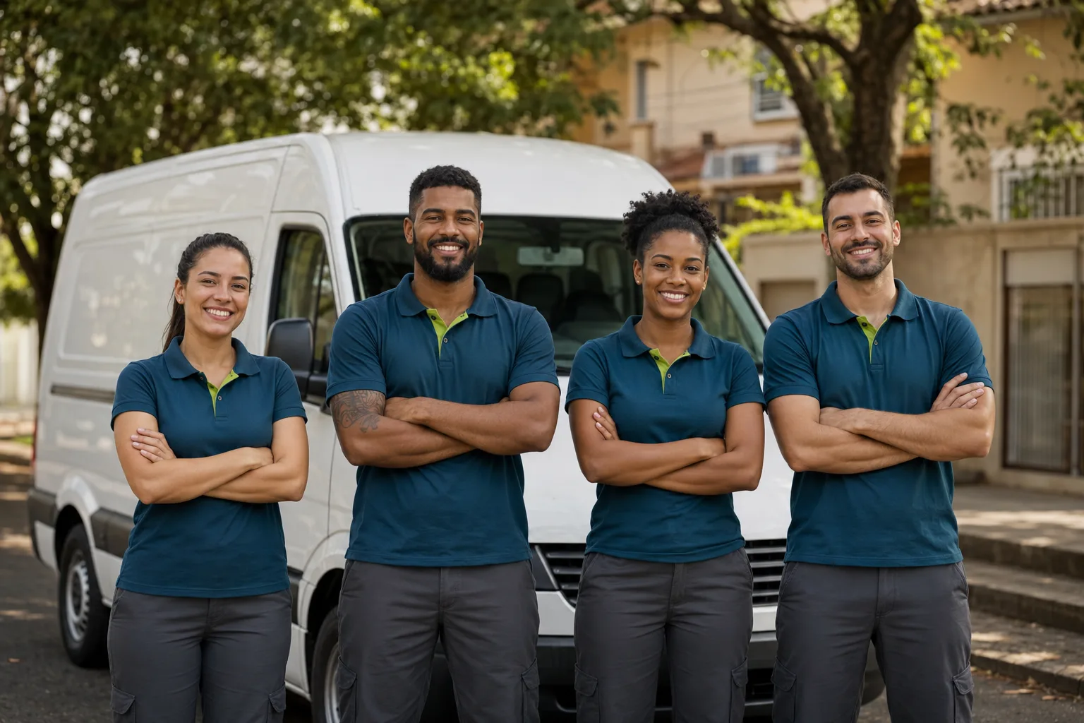 Equipe de quatro técnicos da ClimaSul de uniforme em frente à van de serviço
